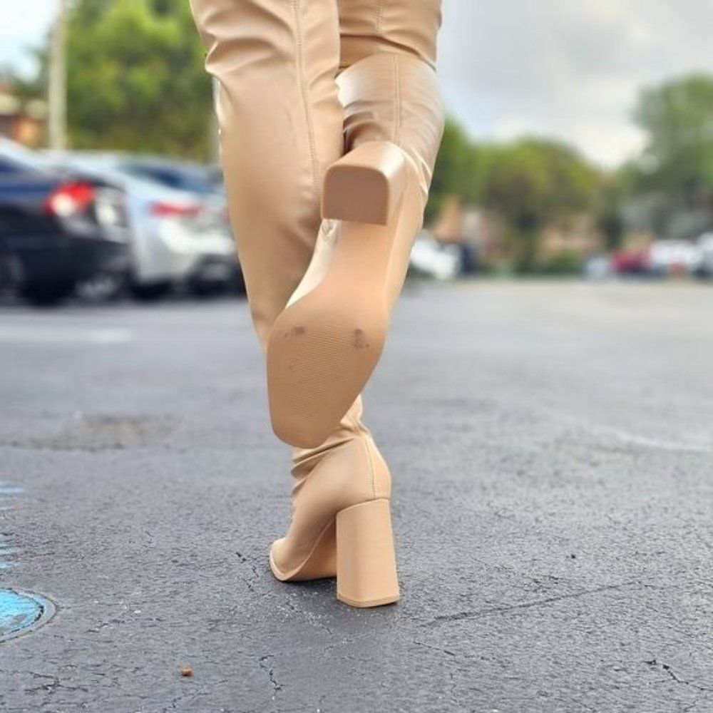 Women's Thigh High Over the Knee Boots Chunky Heel Nude Color - Picture 7 of 7